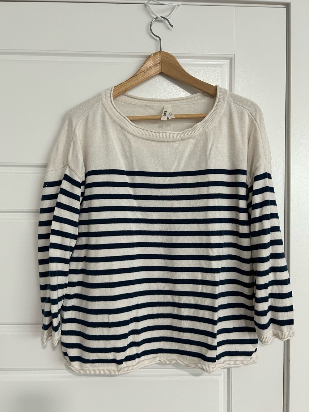 Pact L Striped Navy and Cream Boatneck Women's Top